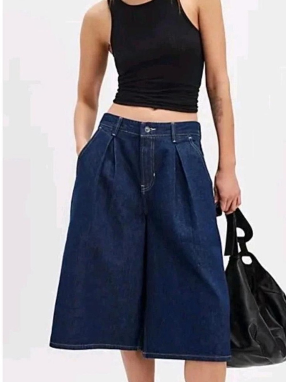Free People CRVY Antonia Crop Denim Culottes High Rise Pleated Wide Leg Size 26